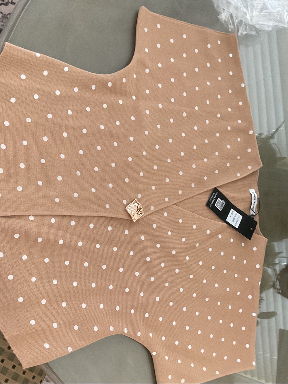 Polka Dot Beige Knit Top with Gold Button